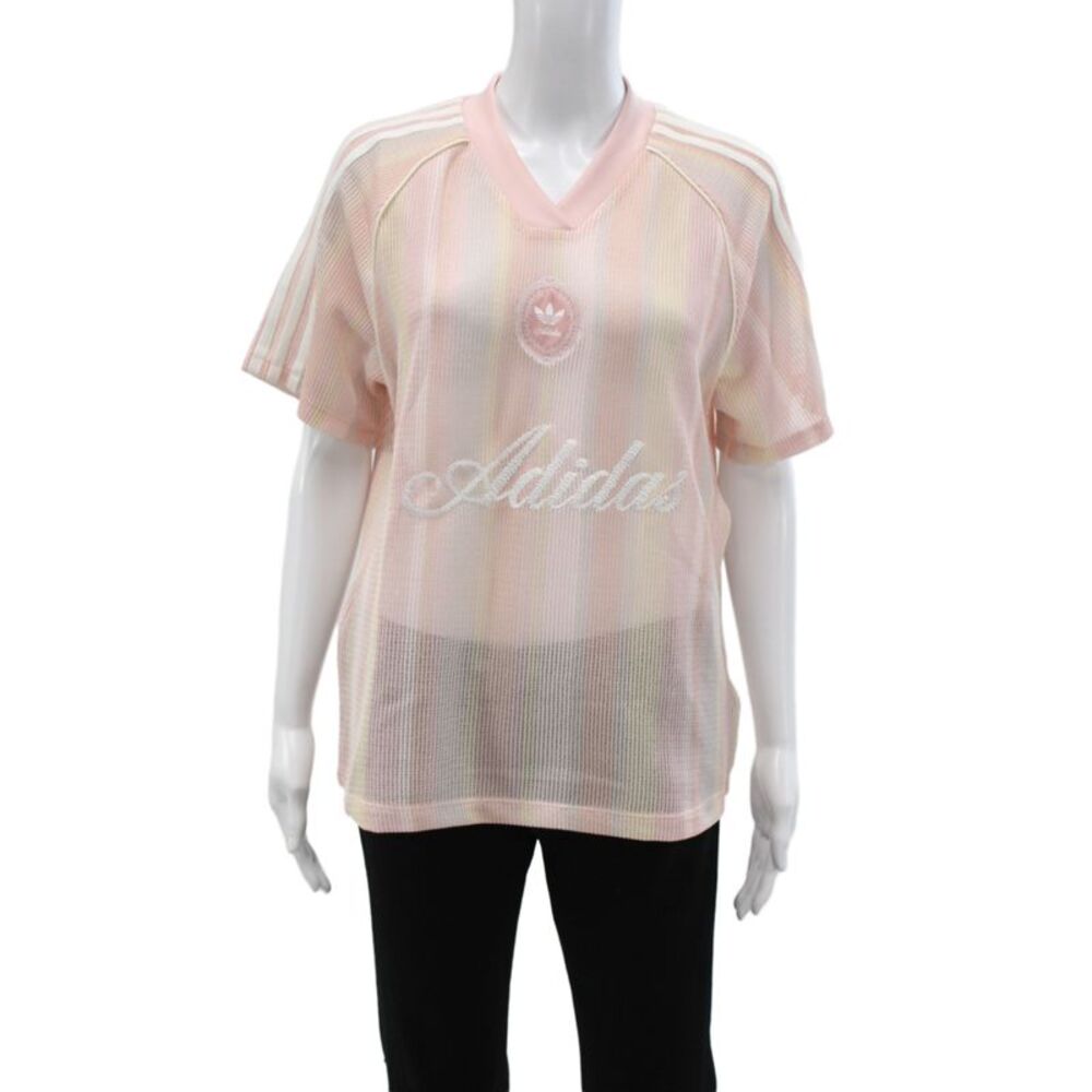 Adidas Womens Striped V-Neck Jersey T-Shirt Multicolor Short Sleeve Size S